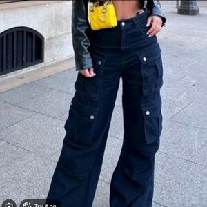 Zara Dark Denim Baggy Cargo Pants